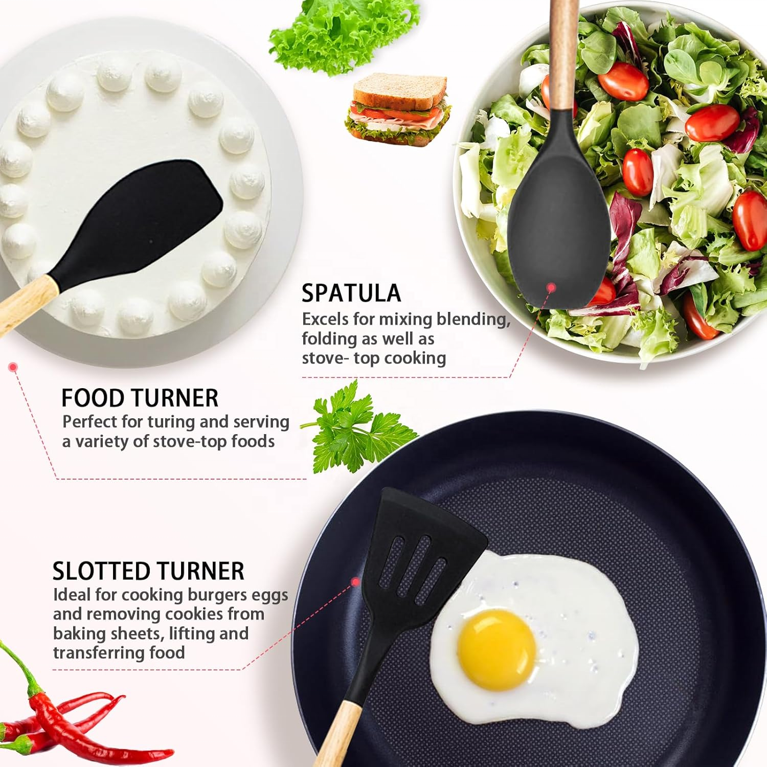 Kitchen Utensils Set, 19 Piece Stainless Steel Kitchen Knife Set, Silicone Cookware with Wooden Handle for Home Kitchen