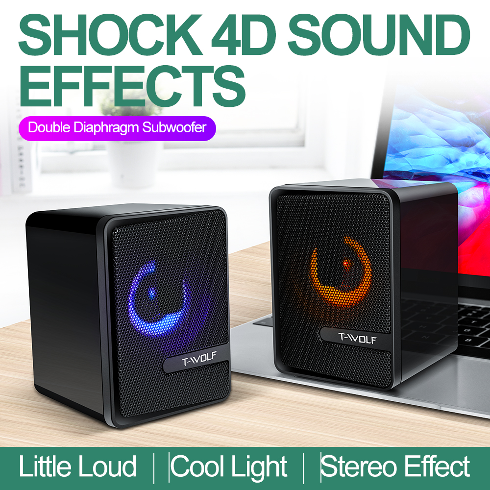 T-WOLF S3 Computer Desktop Speaker Stereo Sound LED Colorful Light Subwoofer Wired Home Theater System Multimedia Gaming Speaker
