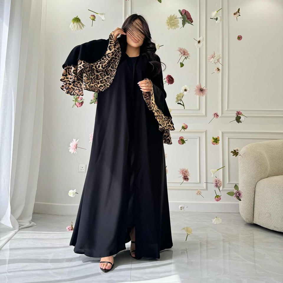 Wide Sleeve Leopard Print Black Open