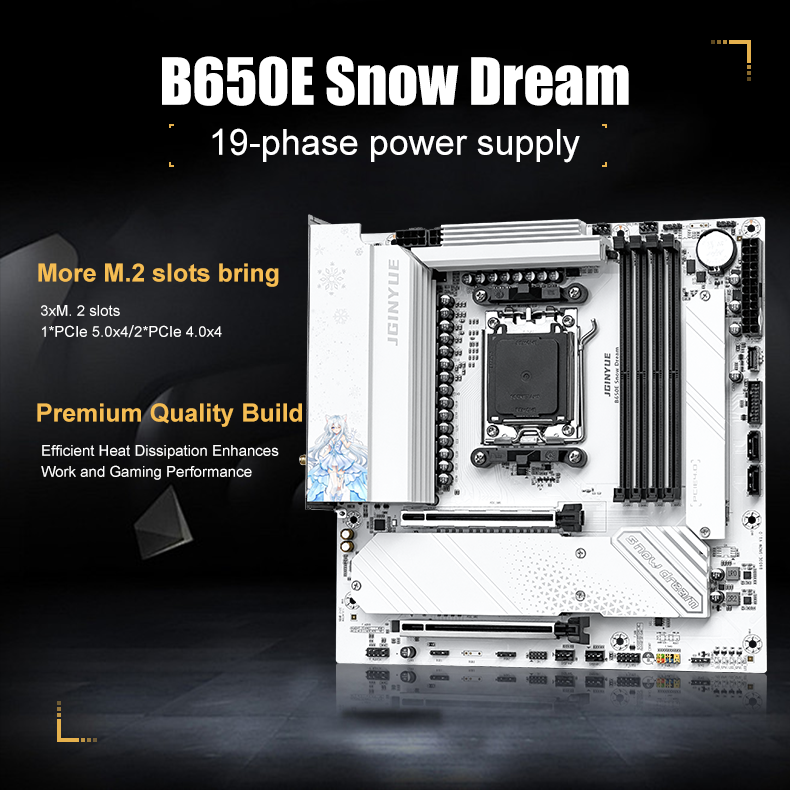 JGINYUE B650E Snow Dream DDR5 Gaming PC Motherboard with 192GB Memory
