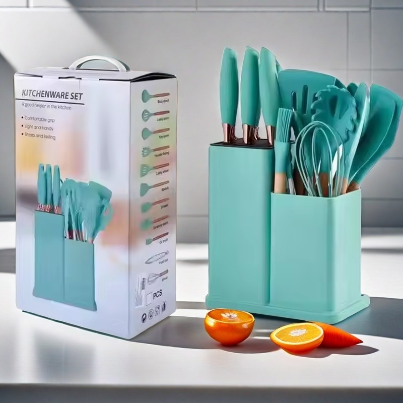 Factory Direct 19pcs Silicone and Steel Kitchen Utensils Set 19pcs Stainless Steel Knife with Wooden Handle Kitchen Tool Set