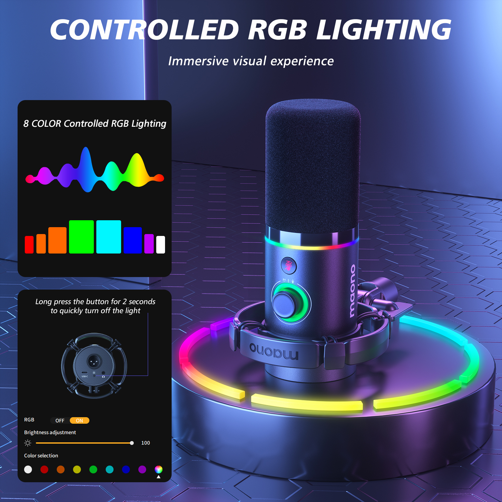 Maono PD200XS Microphone USB/XLR RGB Light Gaming Live Streaming Podcasting Video Recording Arm Stand