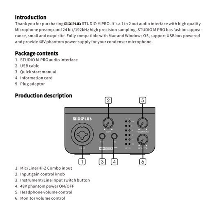 Midiplus Studio M Pro OTG Wholesale Full Set Professional Studio Recording Sound Card 1in2out USB Audio Interface with OTG