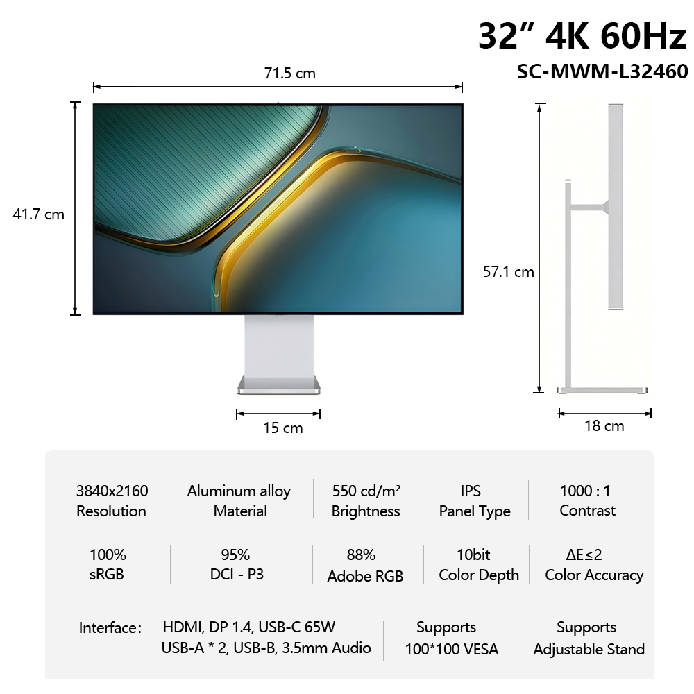 TCOLOR 32 Inch 4k Monitor Aluminium 3840x2160 Vertical Screen HDR600 Monitors IPS Screen 4k 5k 6K Monitor with Stand for mac