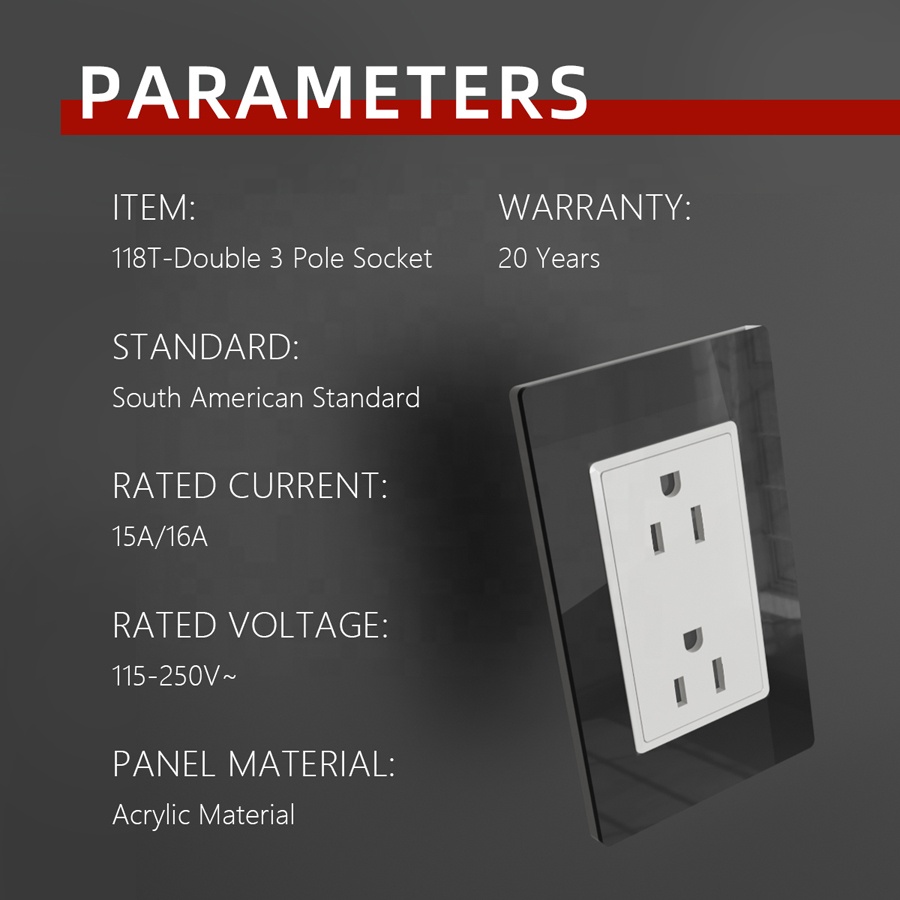 118 Type American Double Socket Plug With Acrylic Plate Home Wall Power Plug Sockets 15A 16A Electrical Outlets and Switches USA