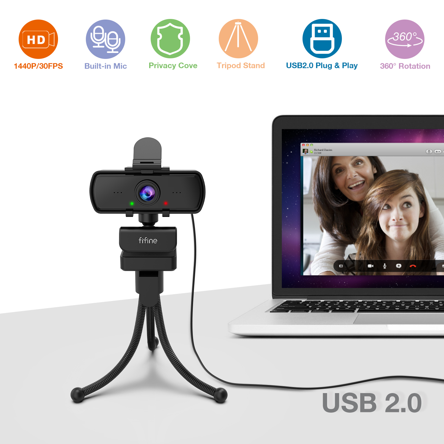 Fifine K420 HD 1440P Camera Webcam  Webcamera USB Web Camera for Desktop & Laptop PCs Web Chat & Video Call with Microphone