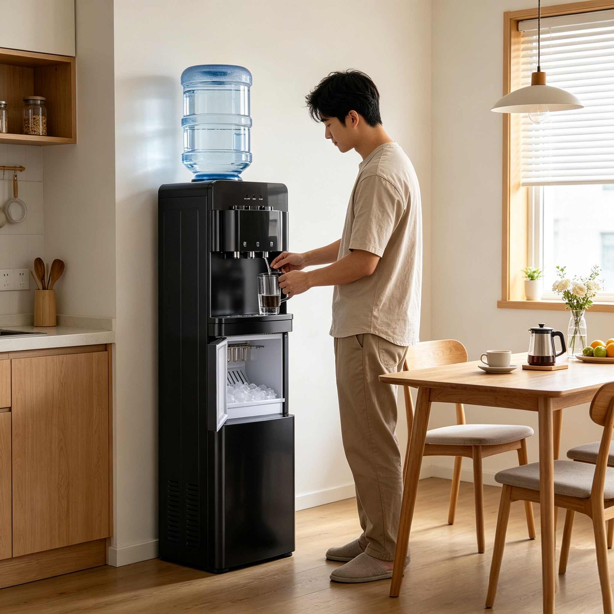 Freestanding Electric Water Dispenser with Ice Maker Top Load Plastic Design Hot Cold Compressor Cooling for Household Hotel Use