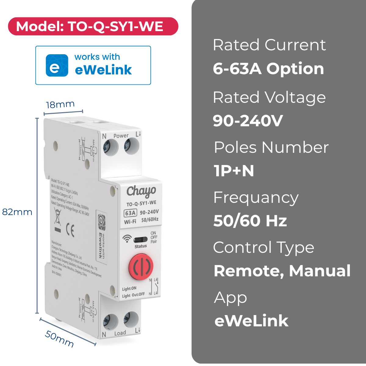 EWeLink WiFi Smart MCB Switch CE 1P+N DIN Rail 90-240V 1-63A Energy Monitoring Timer Control Smart Circuit Breaker Chayo