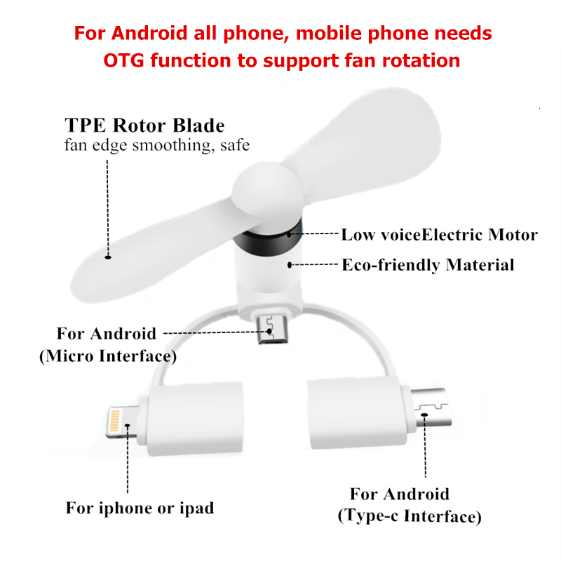 Mini USB Fan 3 in 1 USB Gadget Portable for Android OTG Micro Type-c for iPhone 5 6S 7 Plus 8 X XS