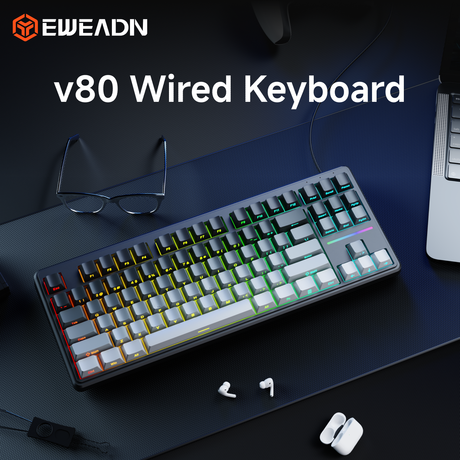 EWEADN V80 Wired Membrane Keyboard Mechanical Feel RGB Backlit Gaming Office Typing Factory Wholesale OEM