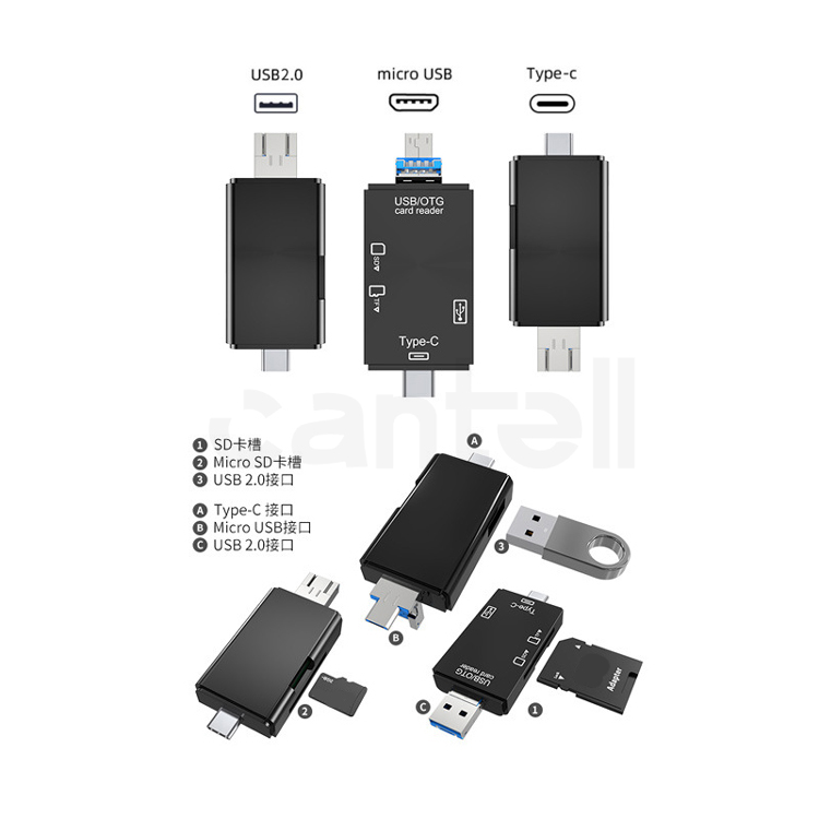 Cantell 6 in 1 TF SD Card Reader Memory Card Portable Micro USB 2.0 Type C Adapter Multi-function Type c OTG Card Reader