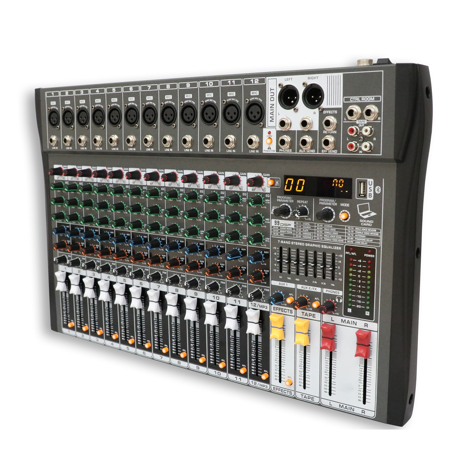 MX99-12i Best Selling 12 Channels MP3 Sound Card Mixer with  99DSP+7 Band EQ+2AUX/48V Phantom Power