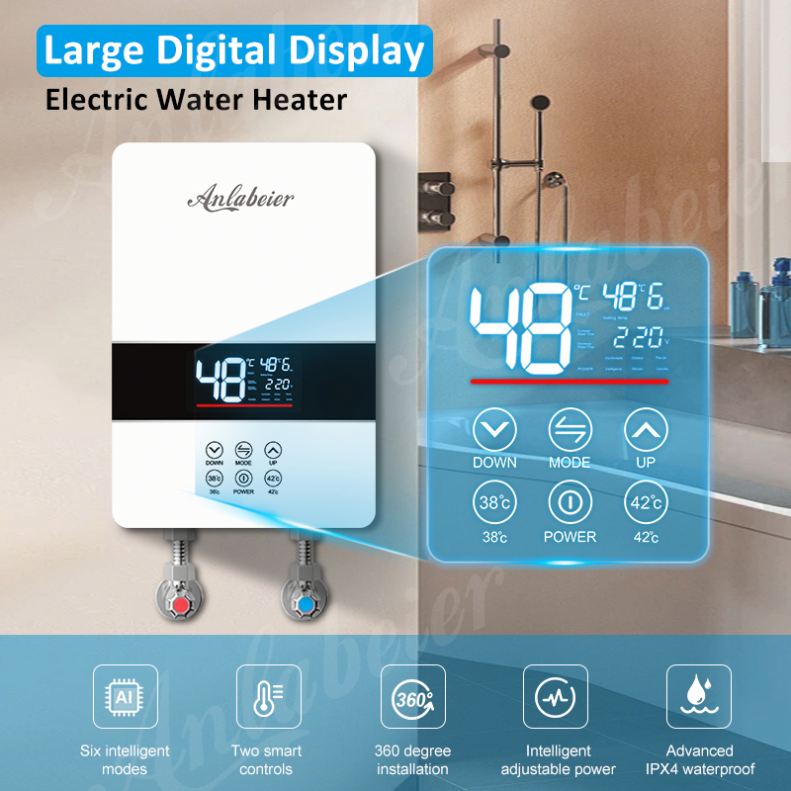 High Quality Smart Tankless Electric Geyser Instant Water Heater LED Temperature Display Plastic Housing English Hotel