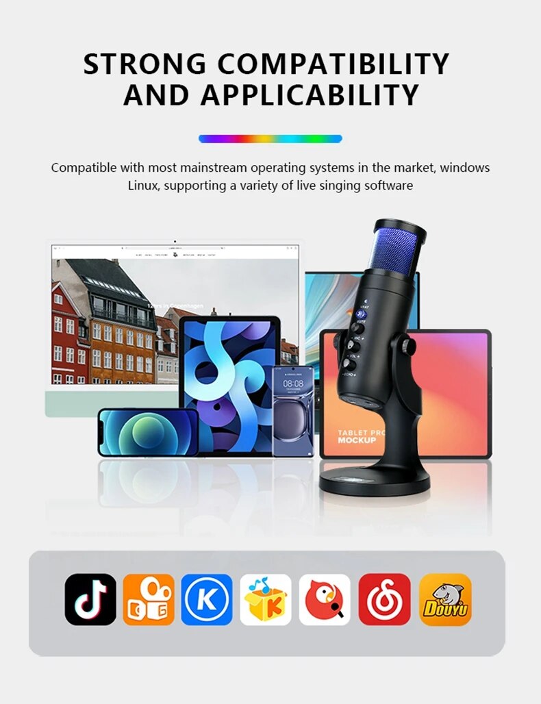 RGB Condenser Microphone for Laptop Computers USB Mic for Recording Singing Gaming Streaming Video