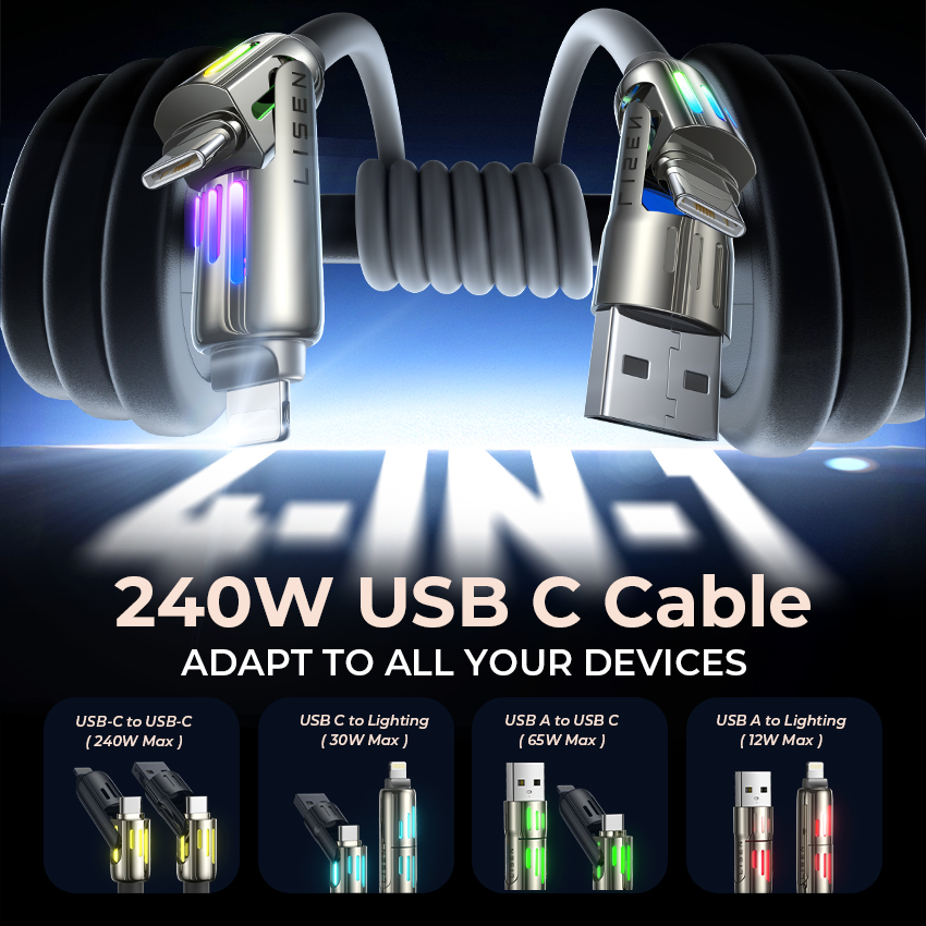 LISEN Super Fast Charging 4-in-1 Flexible 240W USB Cable with RGB Colour LED Efficiency for Laptop Tablet Android & IOS Devices