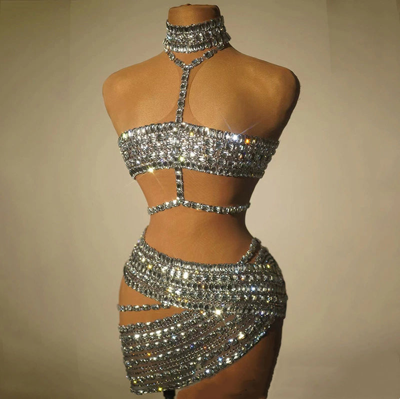 Luxury Gold Rhinestone Stage Outfit Women