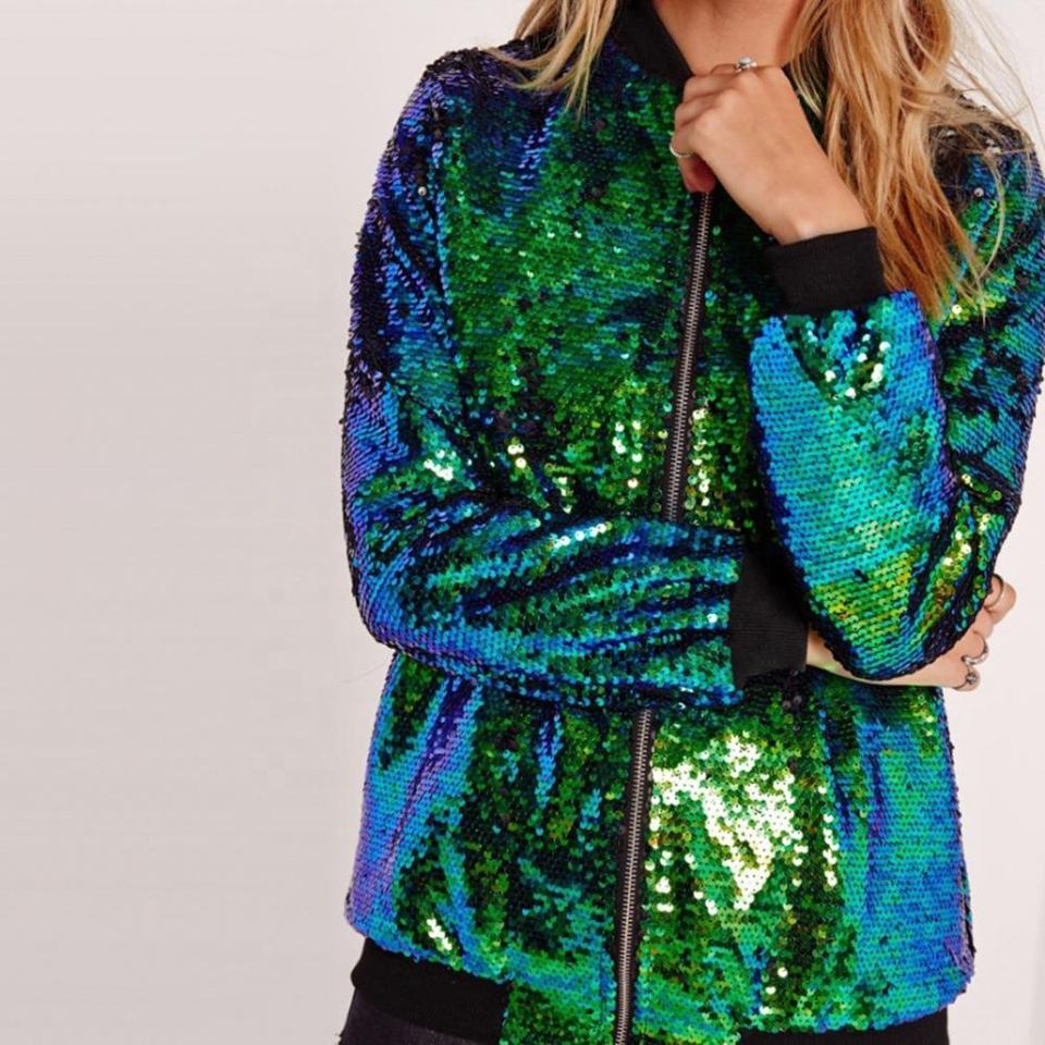 Green Sequin Bomber Jacket Women