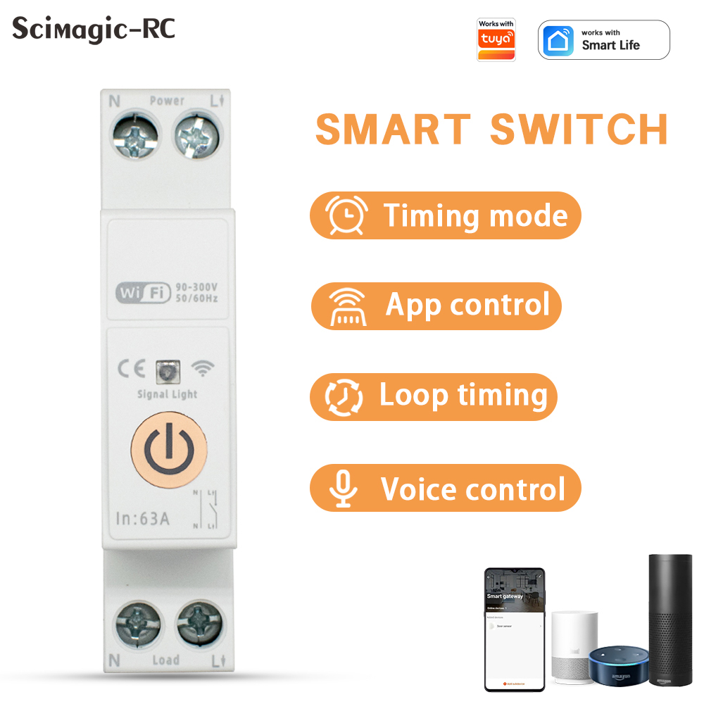 WiFi Smart Circuit Breaker 63A DIN Rail Power Metering Remote Voice Control Switch Works with Smart Life Alexa Google Home