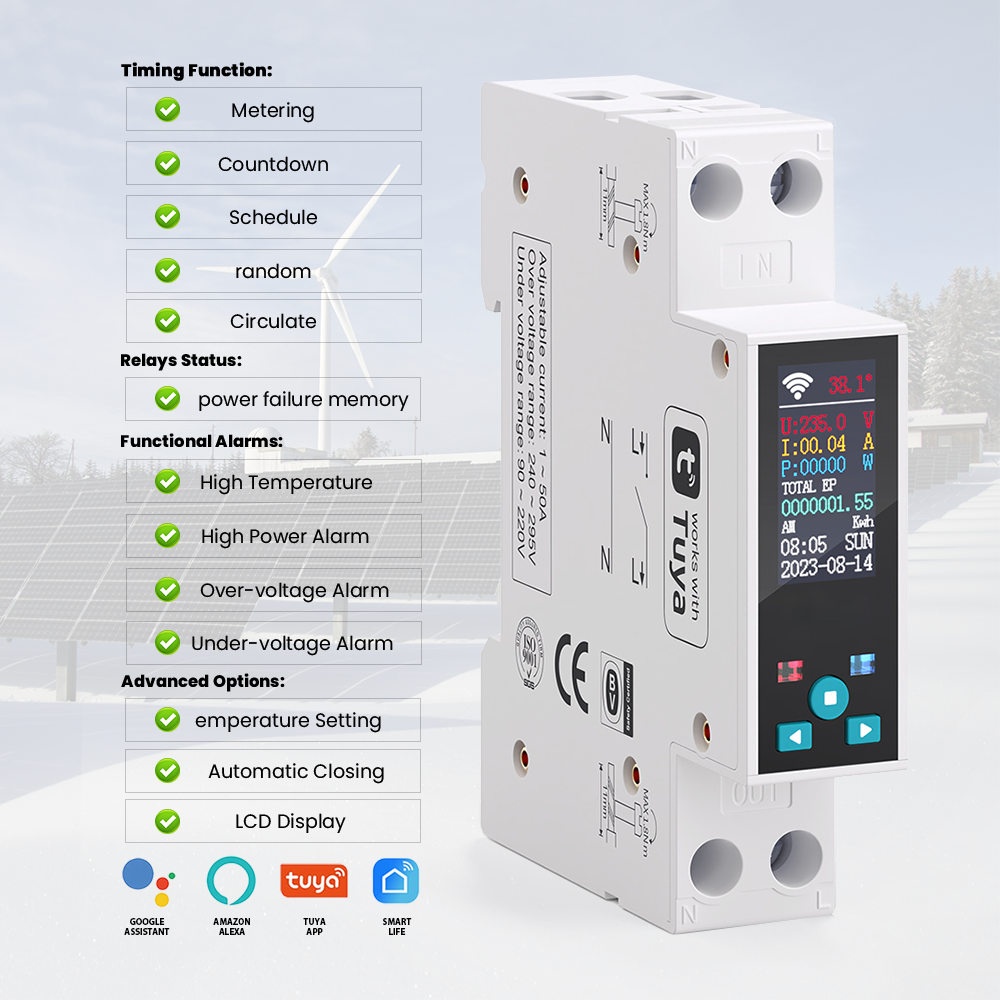 63A TUYA WiFi Relay Switch Smart Circuit Breaker Over Current Under Voltage Protection Power Metering Remote Control TONGOU
