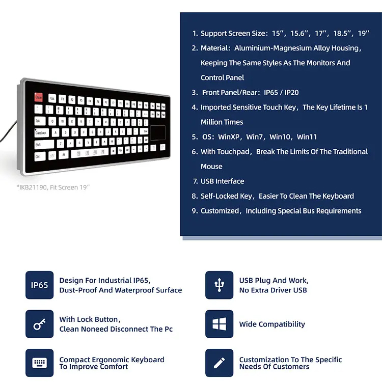 IKB21170 Custom CNC Control Panel-mount Industrial Keyboard IP65 Waterproof USB 24V 86Keys CNC Keyboard