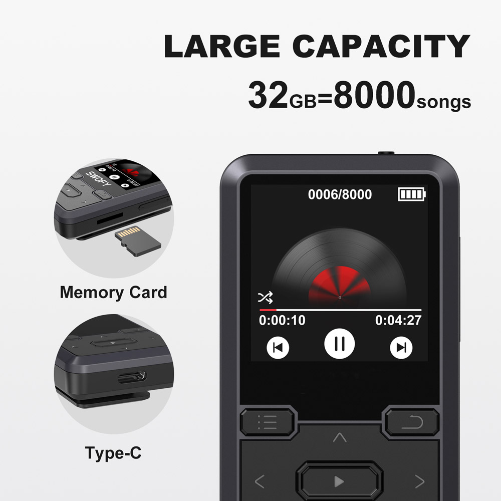 Clip on  MP3 Player with Voice Recorder USB C Charging TF Card Support Portable Mini Music Player for Running and Gym