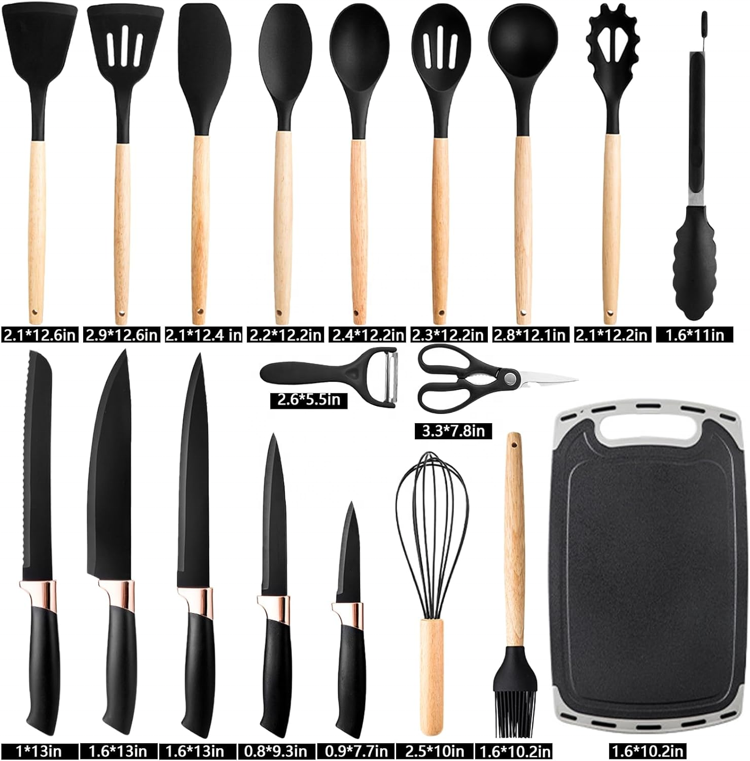 Kitchen Utensils Set, 19 Piece Stainless Steel Kitchen Knife Set, Silicone Cookware with Wooden Handle for Home Kitchen
