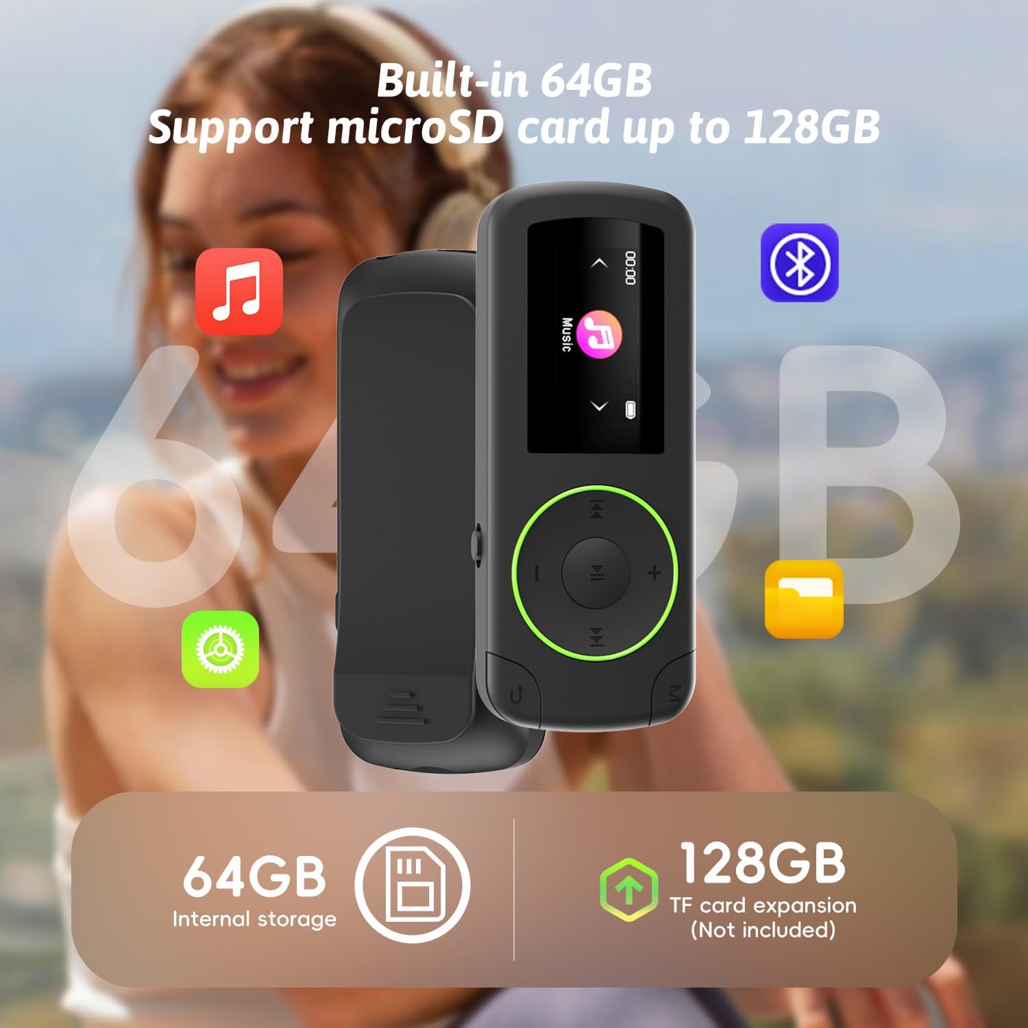 Wiwoo 64GB Superlight Sport MP3 Player for Bluetooth Music Player Clip Earphones MicroSD A-B Repeat Shuffle WAV APE