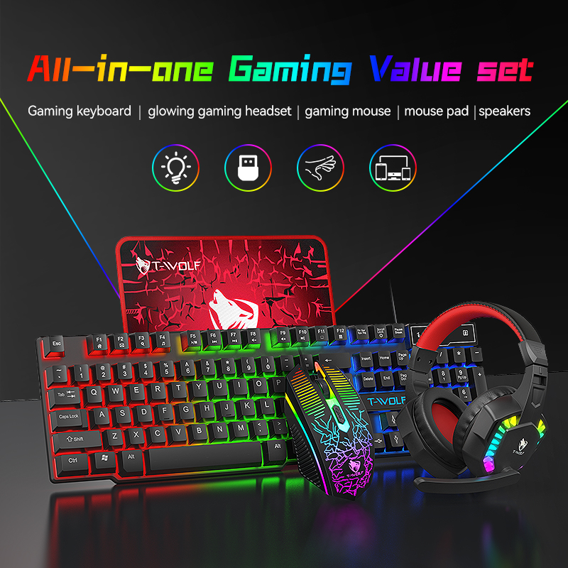 5IN1 Keyboard and Mouse Speaker Headphones Mousepad Laptop Gaming Computer Accessories Combos LED Backlit Keyboard Mouse Set