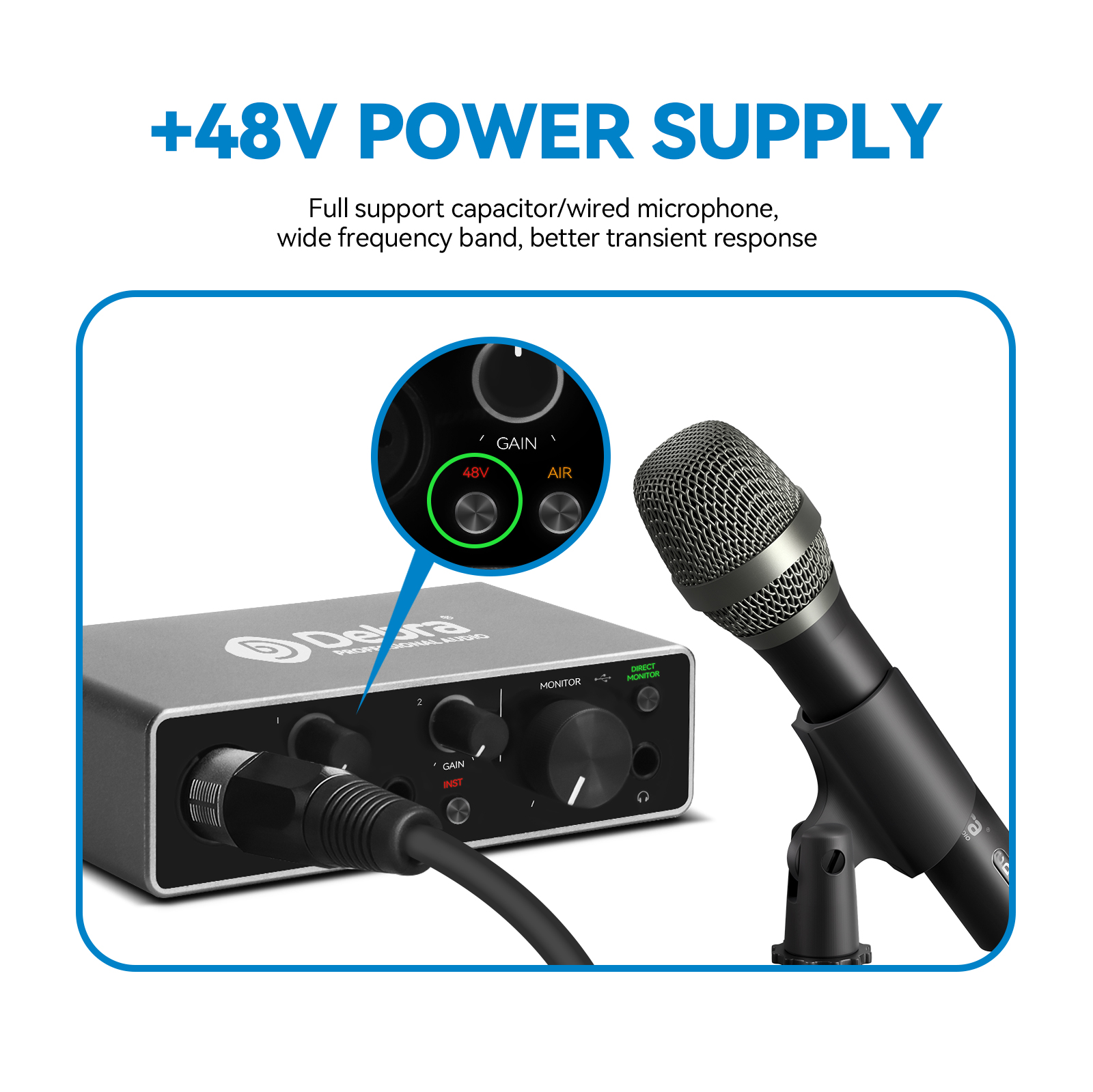 2e2s 192kHz USB Audio Interface Sound Card Noise Cancelling Microphone with 48V Phantom Power for Podcasting