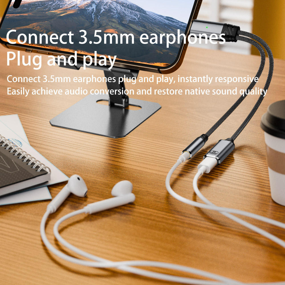 2-in-1 USB-C Headphone Adapter PD 100W Fast Charging 3.5mm Audio Jack Nylon Cable Speaker Microphone Amplify Computer Projector