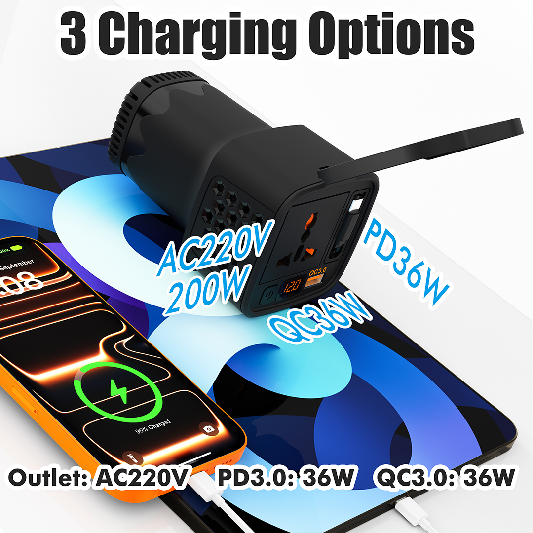 Factory Built-in Type-C PD and QC 3.0 36W Reel Cable 200 Watt DC 12V to AC 220V Modified Sine Wave Car Power Converter Inverter