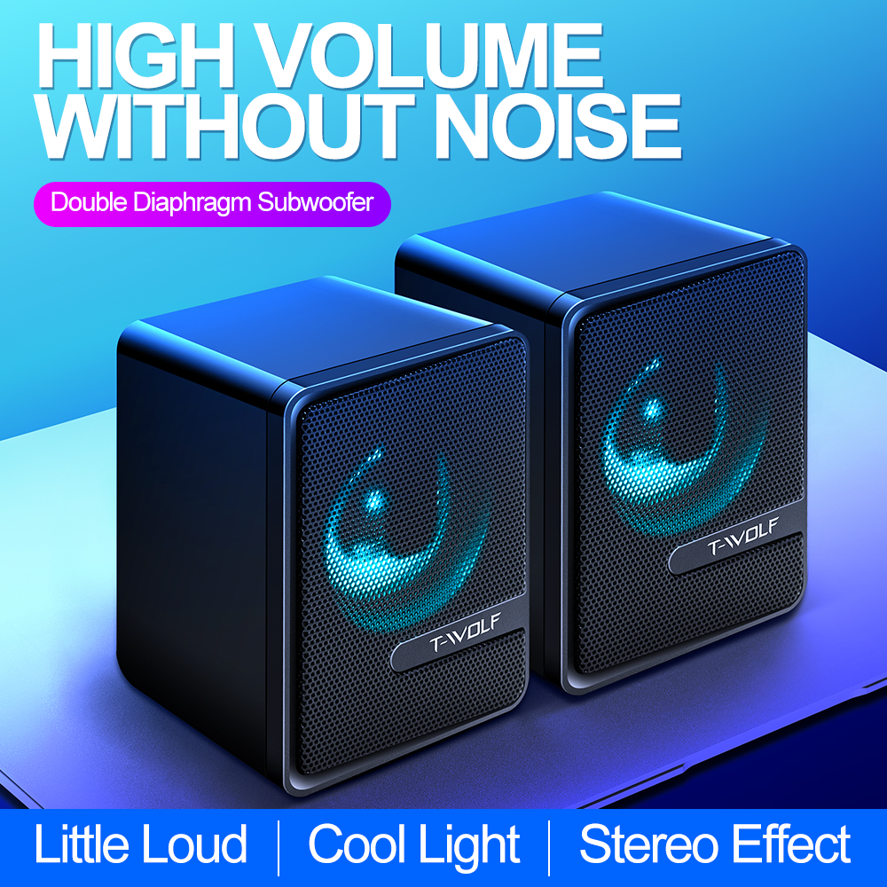 T-WOLF S3 Computer Desktop Speaker Stereo Sound LED Colorful Light Subwoofer Wired Home Theater System Multimedia Gaming Speaker