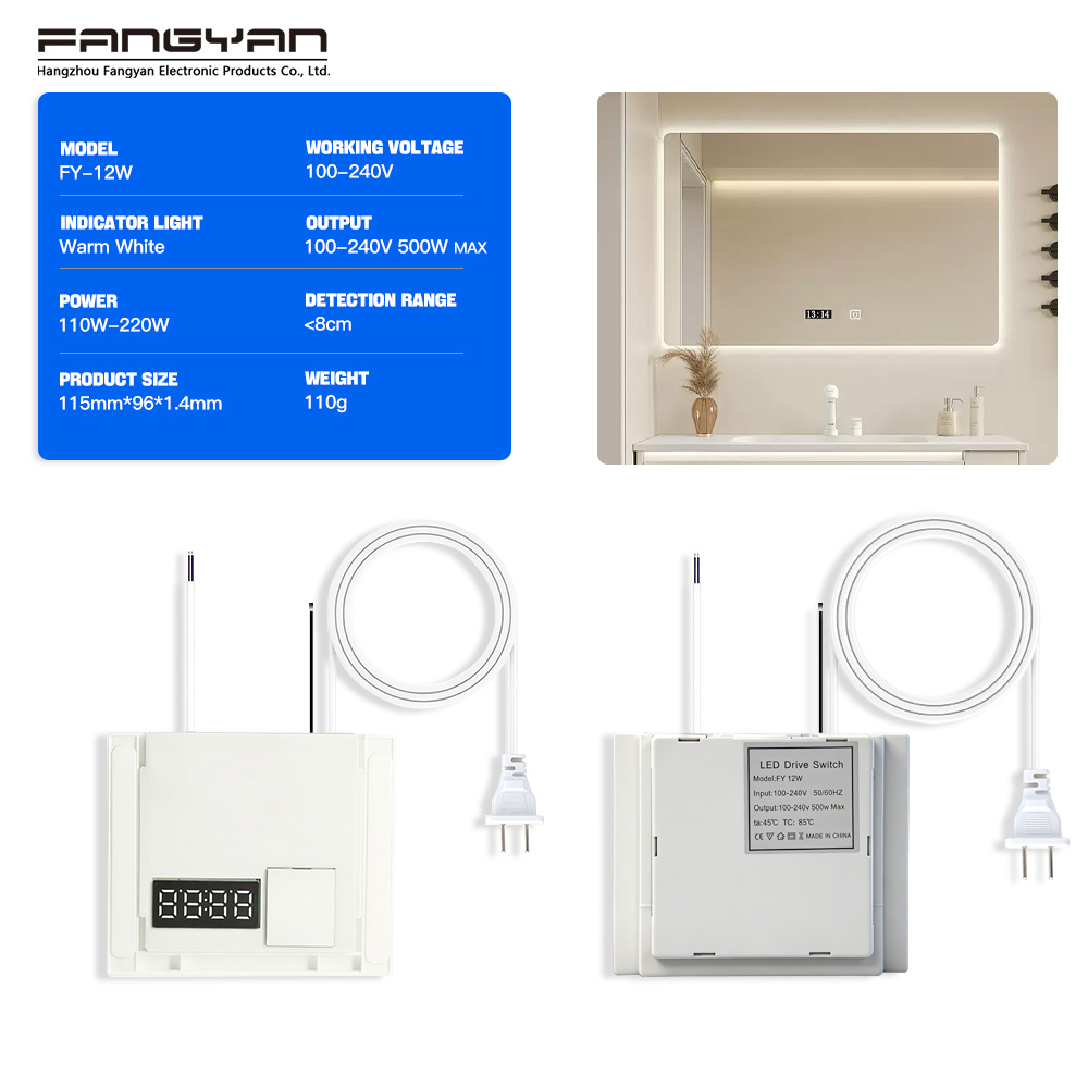 High Voltage Mirror Touch Sensor Switch with Time and Temperature Display for Connecting 110V or 220V LED Strips