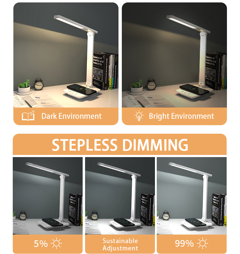 Simple Electric ABS LED Desk Lamp with Wireless Charger Touch Control Stepless Brightness Level Base Foldable Design Study Lamps