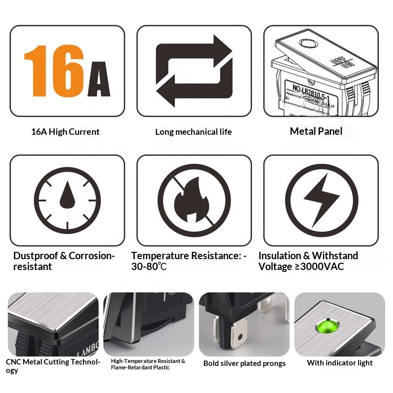 CX2810.5 Series Boat Type Rocker Switch Power Switch Car Four Feet Two Gear Three Gear Luminous PA66 220V 16A