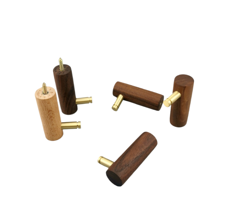 Wooden Wall Mounted Hooks for Hanging Beech Wood Dark Walnut Hook Solid Wood with Brass Hook for Home