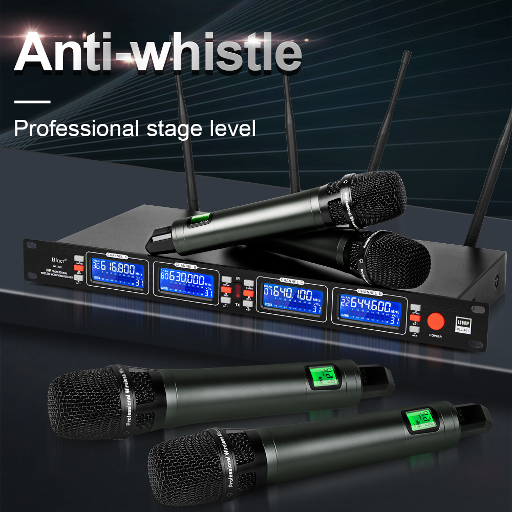 Biner DR2400 4 Channel UHF Wireless Handheld Microphone for Stage Performance Karaoke