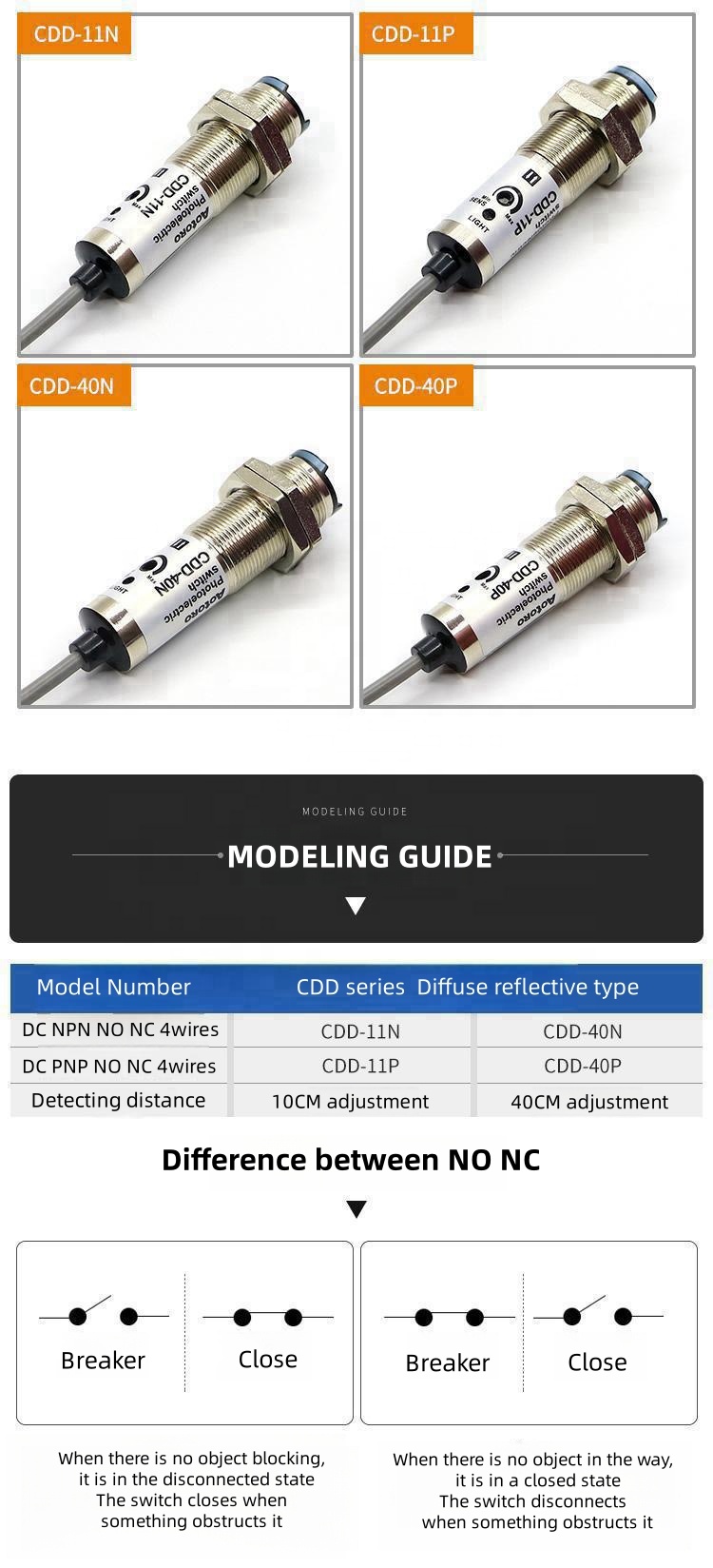 Photoelectric Sensor Datasheet CDD-40P PNP NPN Diffuse Reflective 40CM Proximity Sensors