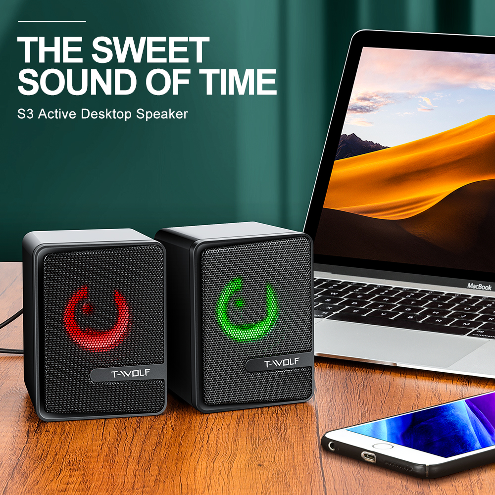 T-WOLF S3 Computer Desktop Speaker Stereo Sound LED Colorful Light Subwoofer Wired Home Theater System Multimedia Gaming Speaker