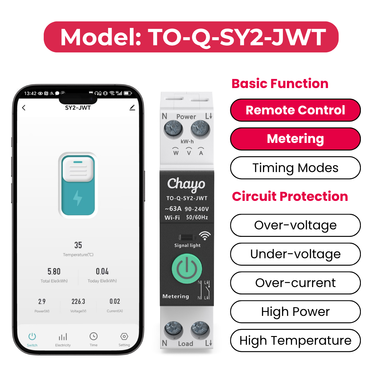 DIN Rail Tuya WiFi Smart Meter MCB Circuit Breaker CB/CE 63A Remote Control Metering 1P+N 90-240V Smart Switch API OEM/ODM Chayo
