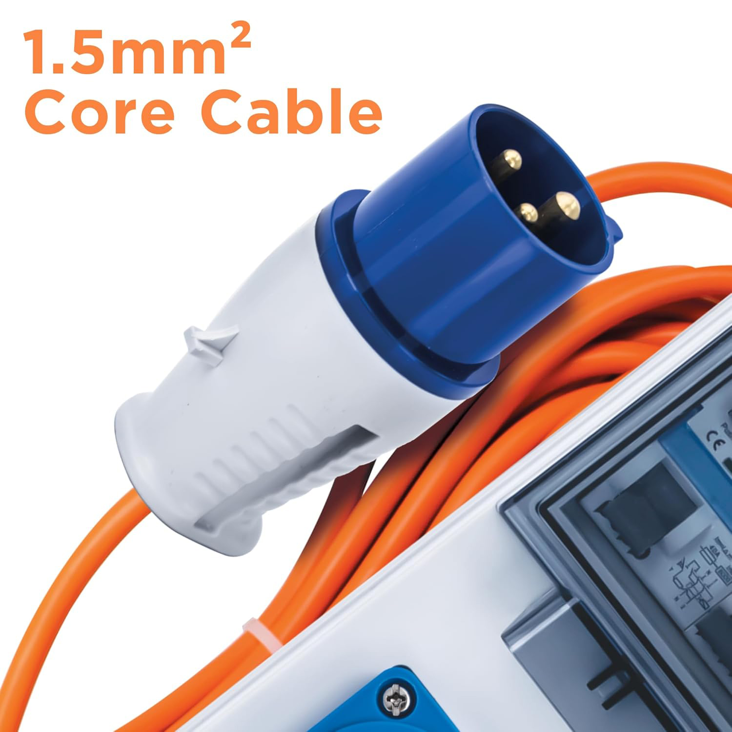 Camping Caravan 4 Way 4 Sockets UK BS Extension Lead Triple Power Unit with RCD MCB and 15m Orange H05VV-F 3*1.5mm Cable