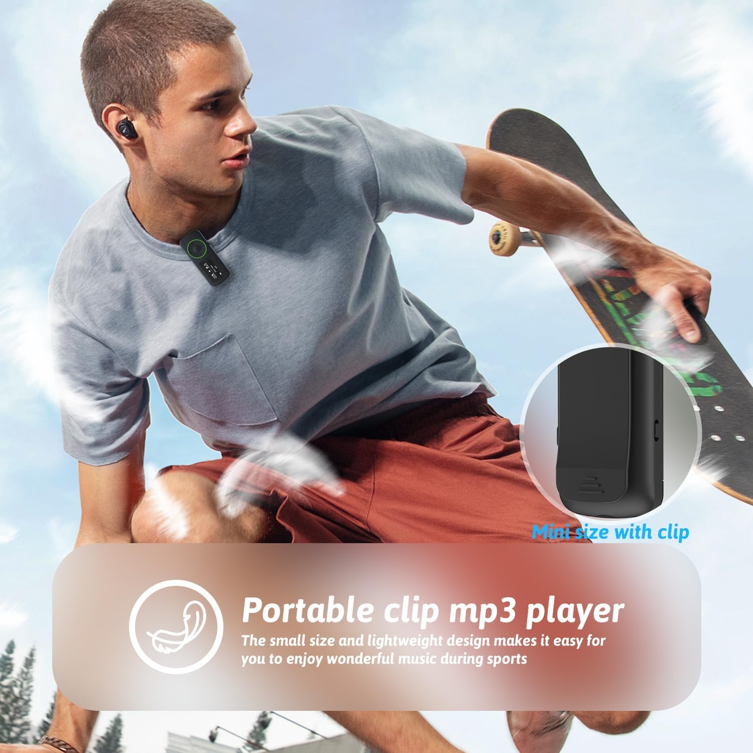 Wiwoo 64GB Superlight Sport MP3 Player for Bluetooth Music Player Clip Earphones MicroSD A-B Repeat Shuffle WAV APE