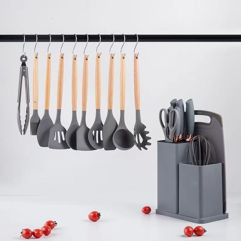 Factory Direct 19pcs Silicone and Steel Kitchen Utensils Set 19pcs Stainless Steel Knife with Wooden Handle Kitchen Tool Set