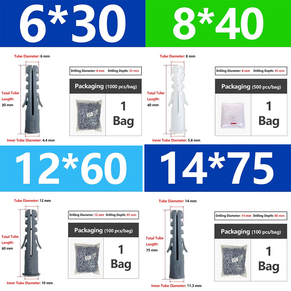 (100 Pcs/Bag)Plastic Expansion Anchor Nylon Wall Plug Screw Fixing Fastener Dark Gray for Home Decoration Construction
