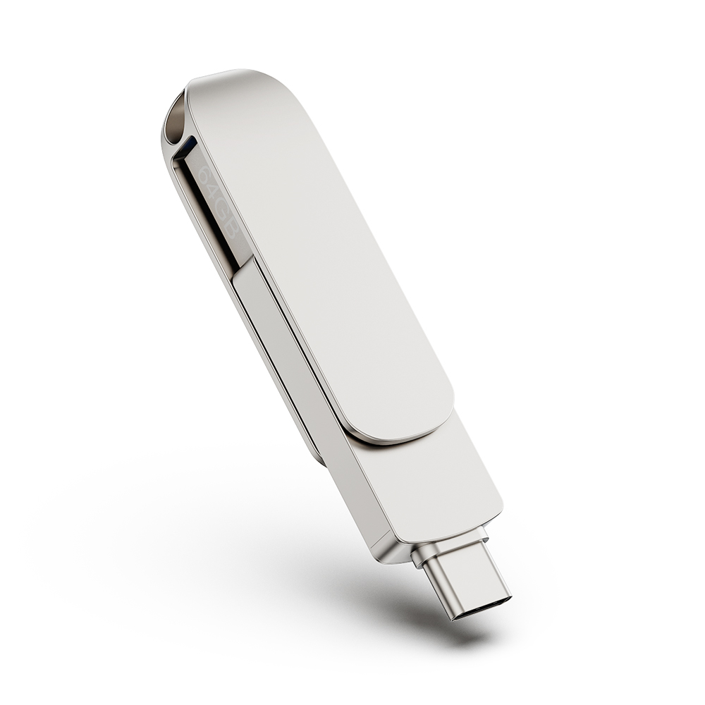 WORTHSPARK Silver 64GB/128GB/256GB/512GB Metal OTG USB 3.0/3.1 Flash Drive with USB Type-C & USB-A Dual Ports 3-Year Warranty