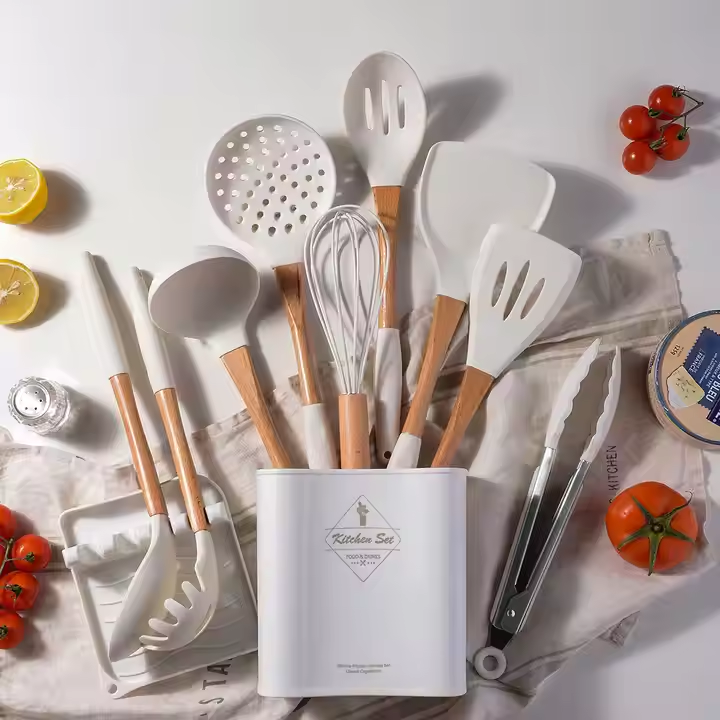 13-Pcs Silicone Kitchen Utensils Set Wooden Handle Non-Stick Heat Resistant BPA-Free Cookware Stirring Spatula Spoon