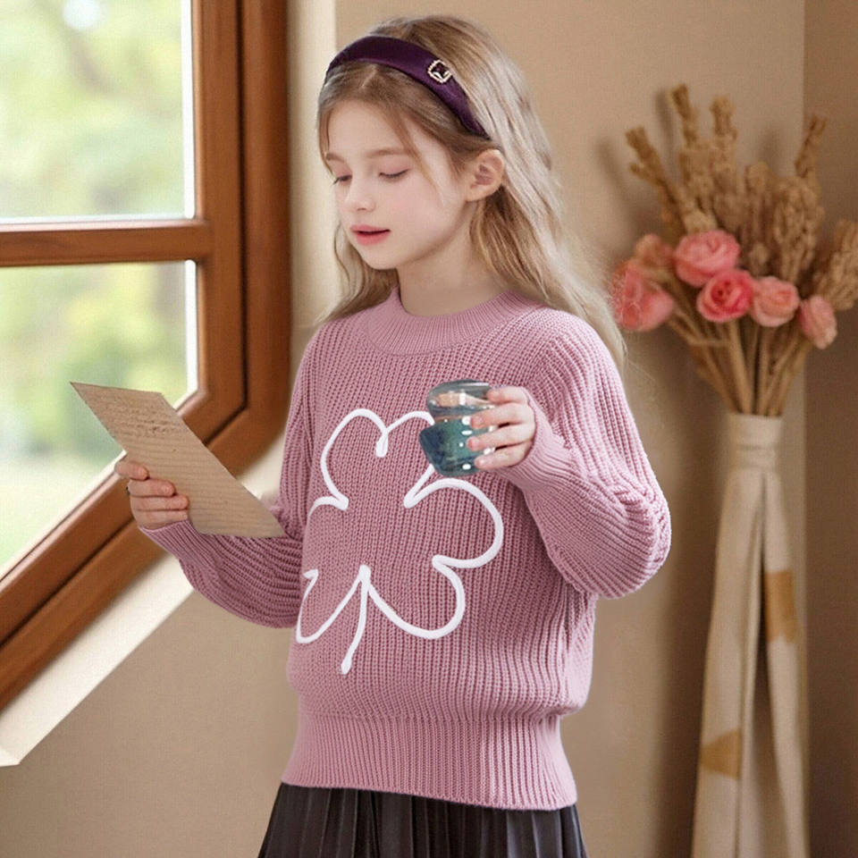 Girls Pink Crewneck Letter Sweater