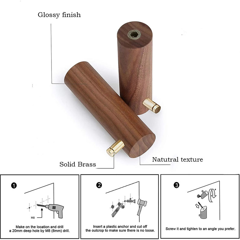 Wooden Wall Mounted Hooks for Hanging Beech Wood Dark Walnut Hook Solid Wood with Brass Hook for Home