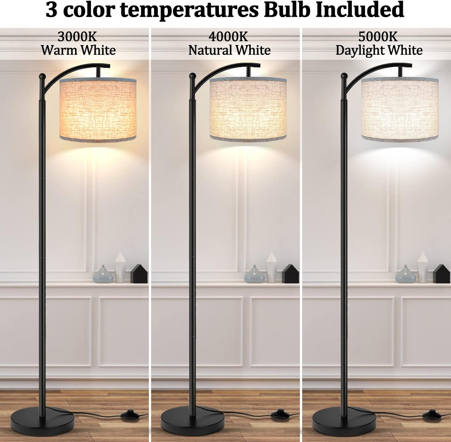 Floor Lamp Standing Lamp 3 Color Temperatures Tall Industrial Floor Lamp Reading for Bedroom Living Room