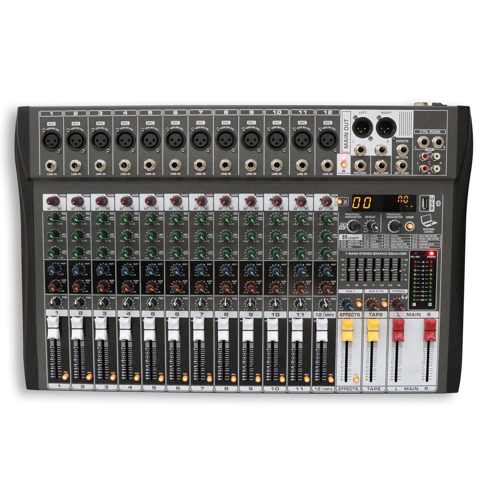 MX99-12i Best Selling 12 Channels MP3 Sound Card Mixer with  99DSP+7 Band EQ+2AUX/48V Phantom Power
